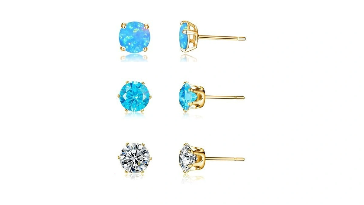3 Pairs Stud Earrings Set, 14k Gold Plated Blue Opal