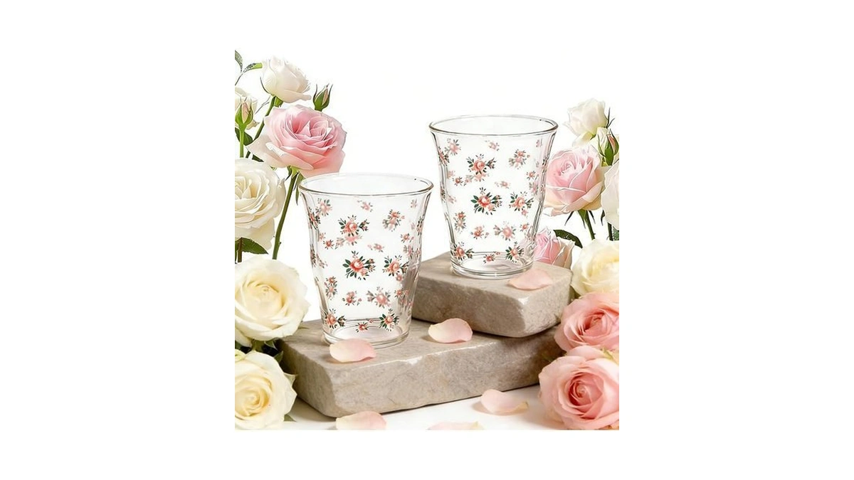 Weinning Beinny 2-pack Floral Glass Tea Cups, Pink Rose Glass