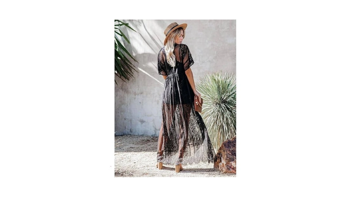 Women's Long Lace Kimono Cover Ups Tops With Belt Lightweight