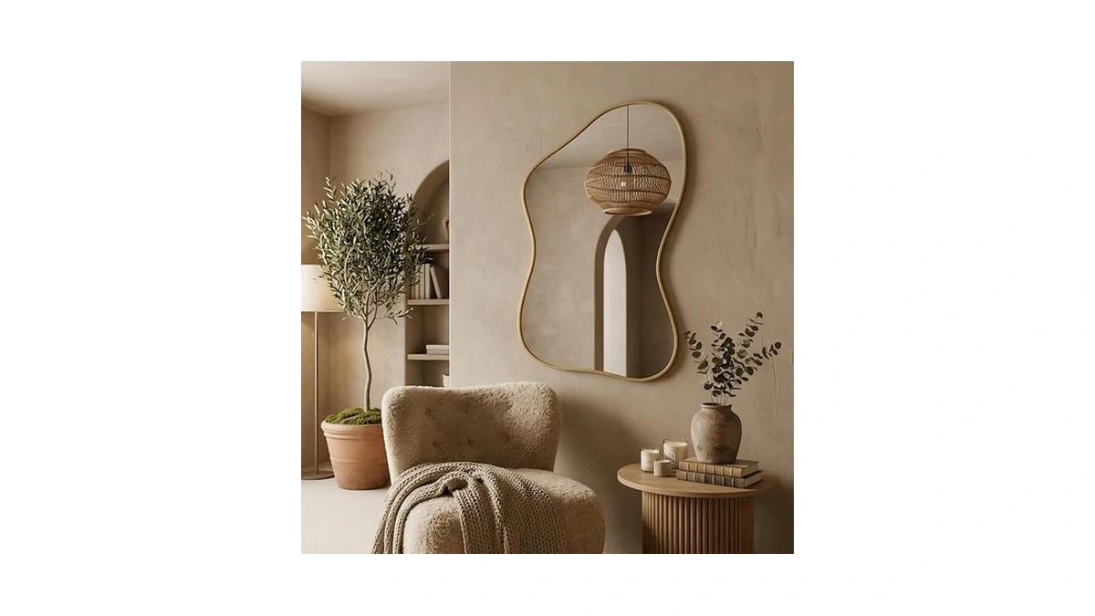 Piudoc 48''x30'' Irregular Wall Mirror With Gold Frame, Asymmetrical Abstract