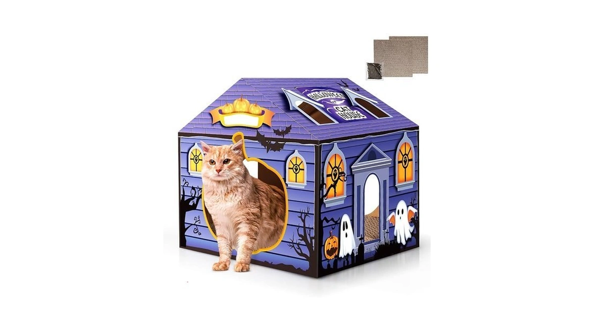 Tailtastic Halloween Cardboard Cat House Playhouse With 2 Scratching Pads