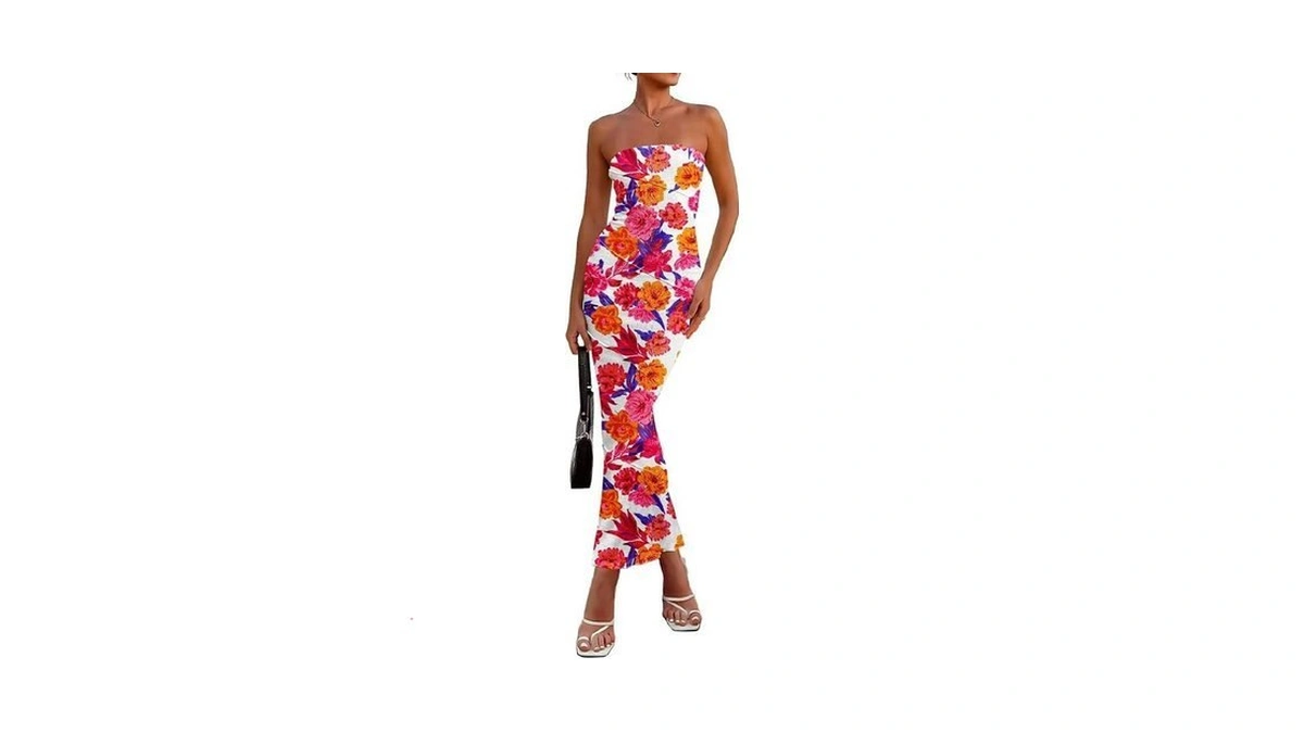 Prettygarden Women's 2026 Summer Floral Bodycon Maxi Dresses Ribbed Strapless