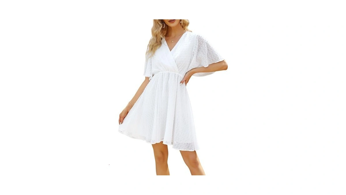 Womens Summer Swiss Dot Mini Dress Bell Short Sleeve V