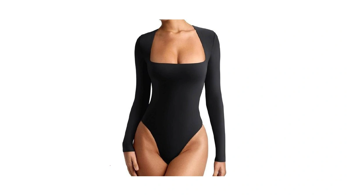 Reoria Womens Sexy Basic Long Sleeve Square Neck Double Lined