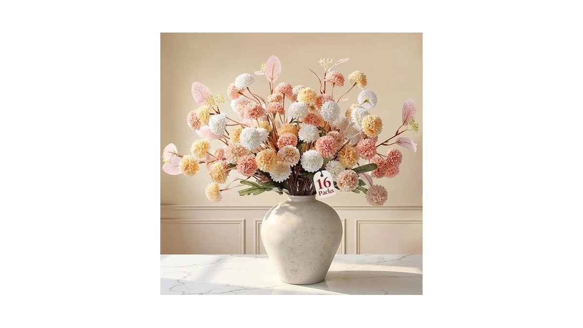 Alupssuc 16 Pcs Faux Silk Mums With Eucalyptus, Fake Chrysanthemum