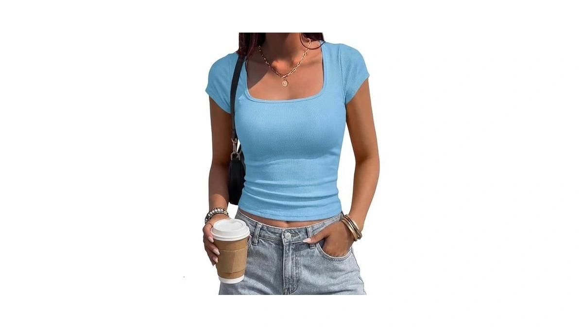 Btfbm Women Short Sleeve Tops Square Neck Ribbed Knit Basic