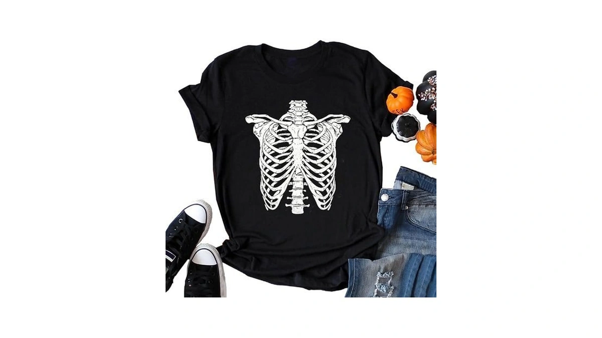 Halloween Tshirts Women Retro Ribcage Graphic T-shirt Fall Casual Round