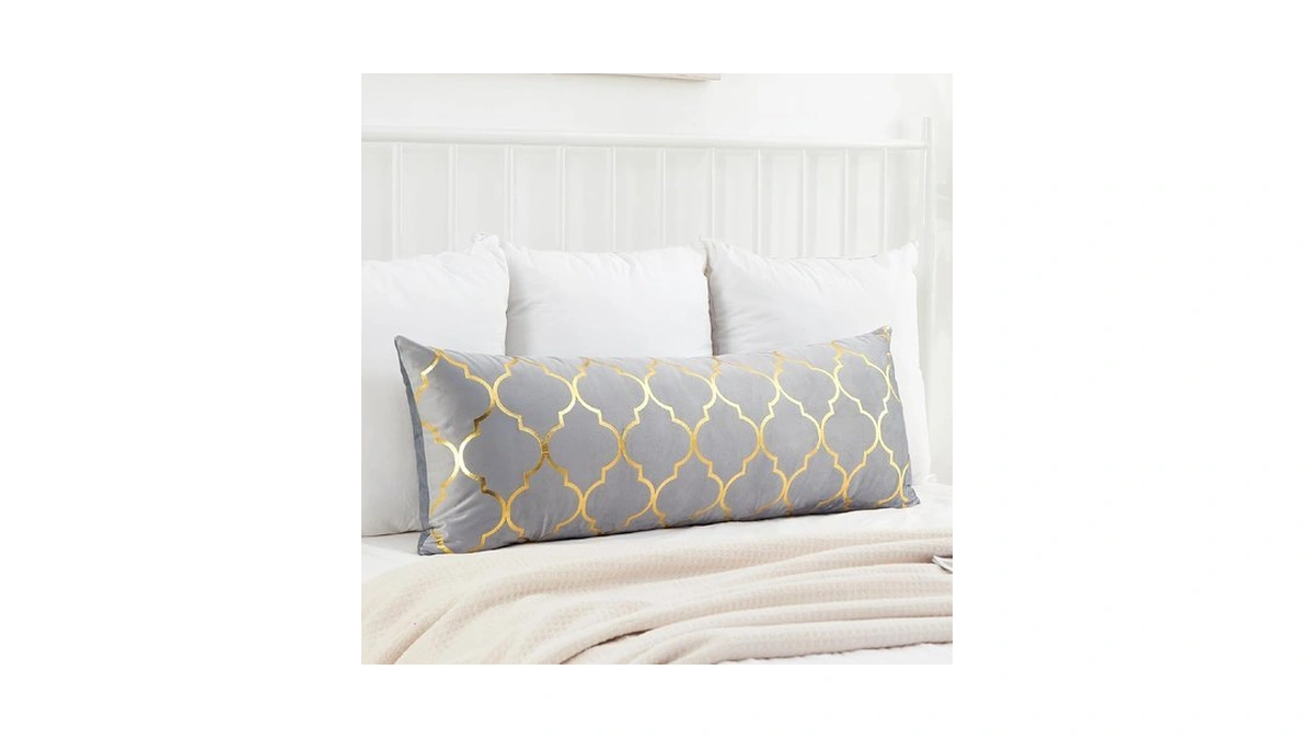 Decorative Lumbar Pillows For Bed Grey Gold 14"x 36" Velvet