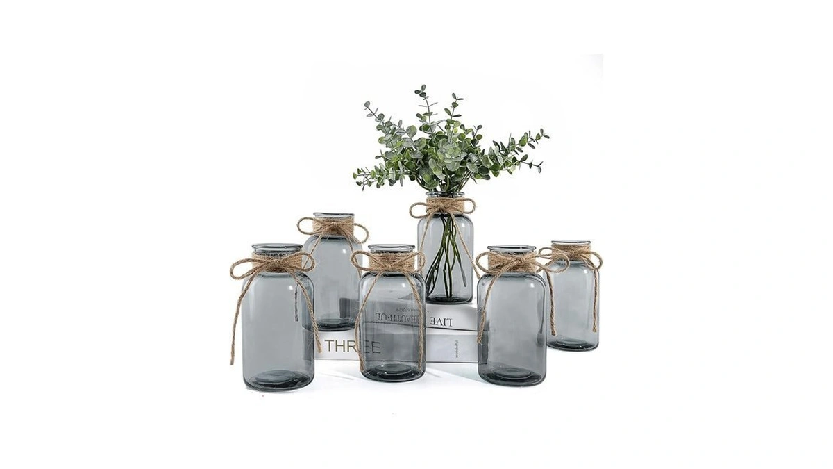 Vintage Glass Vases For Flowers, Set Of 6 Grey Vases
