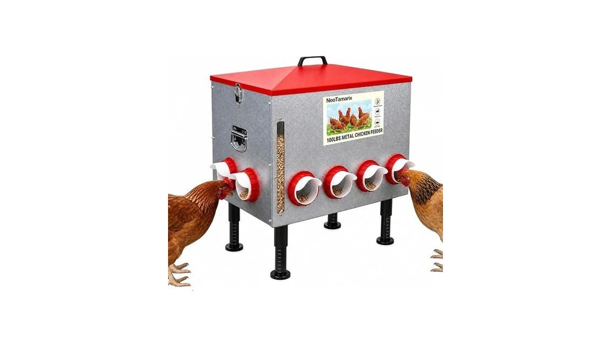 Neotamarix 100lbs No Waste Large Chicken Feeder, Metal Automatic Poultry