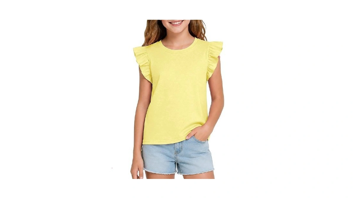Euz Girls Flutter Ruffle Sleeve Crewneck Yellow Cotton Tee Sizes