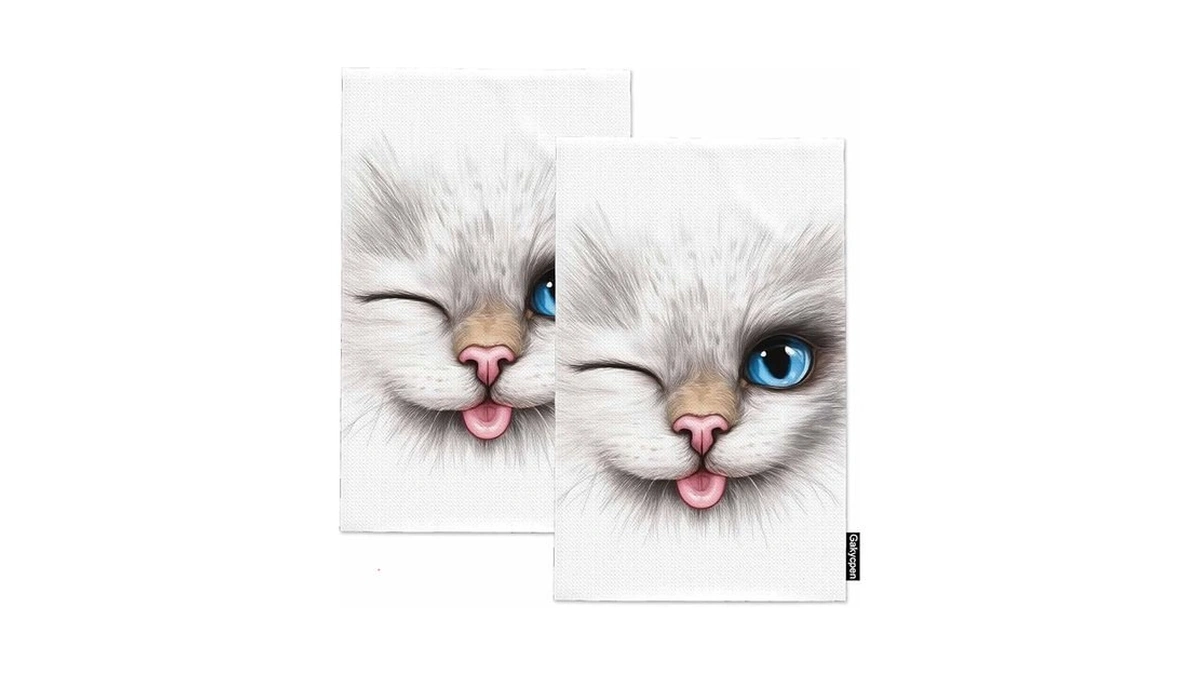 Gakycpen Funny Cat 2pcs Kitchen Towels Creative Smiling Cat Blue
