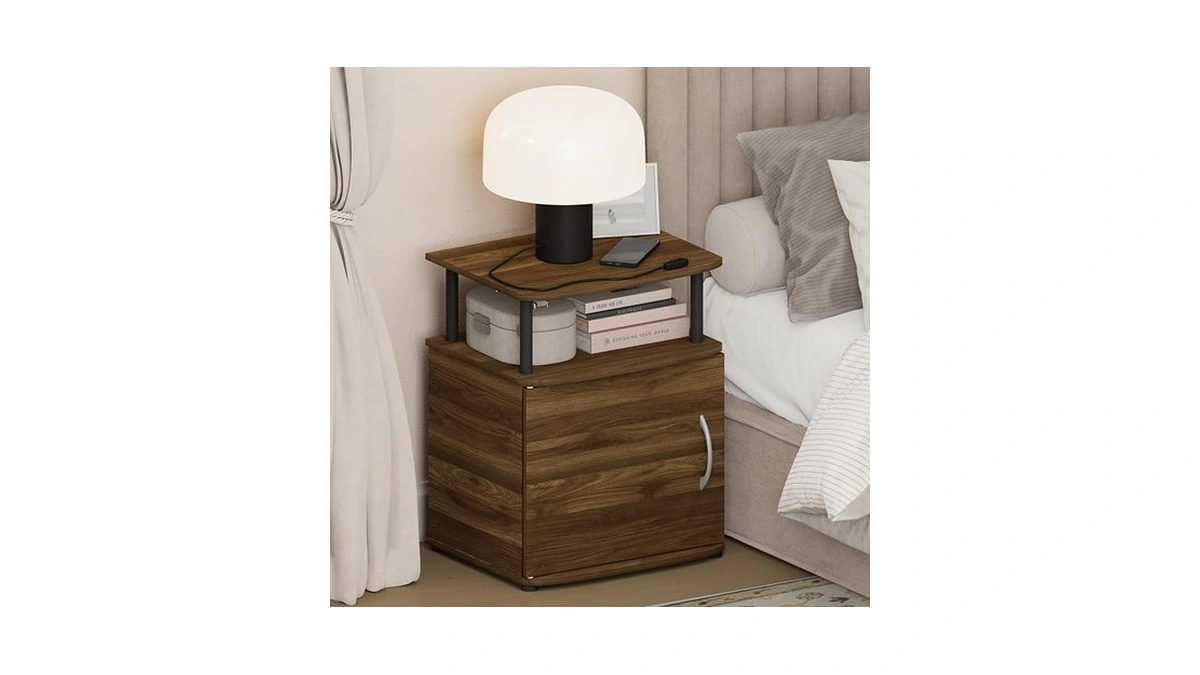 Furinno Jaya Night Stand With Door, Nightstand, Amber Pine