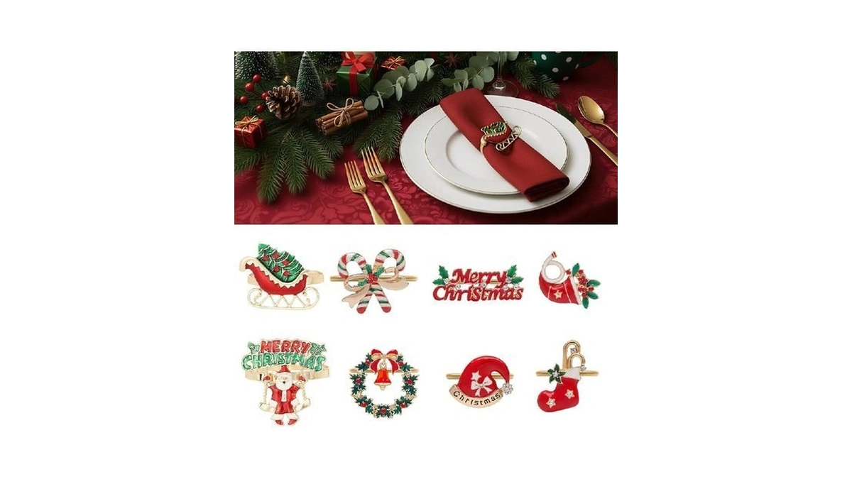 Joiverie Christmas Napkin Rings Set Of 8, Gold Metal Napkins