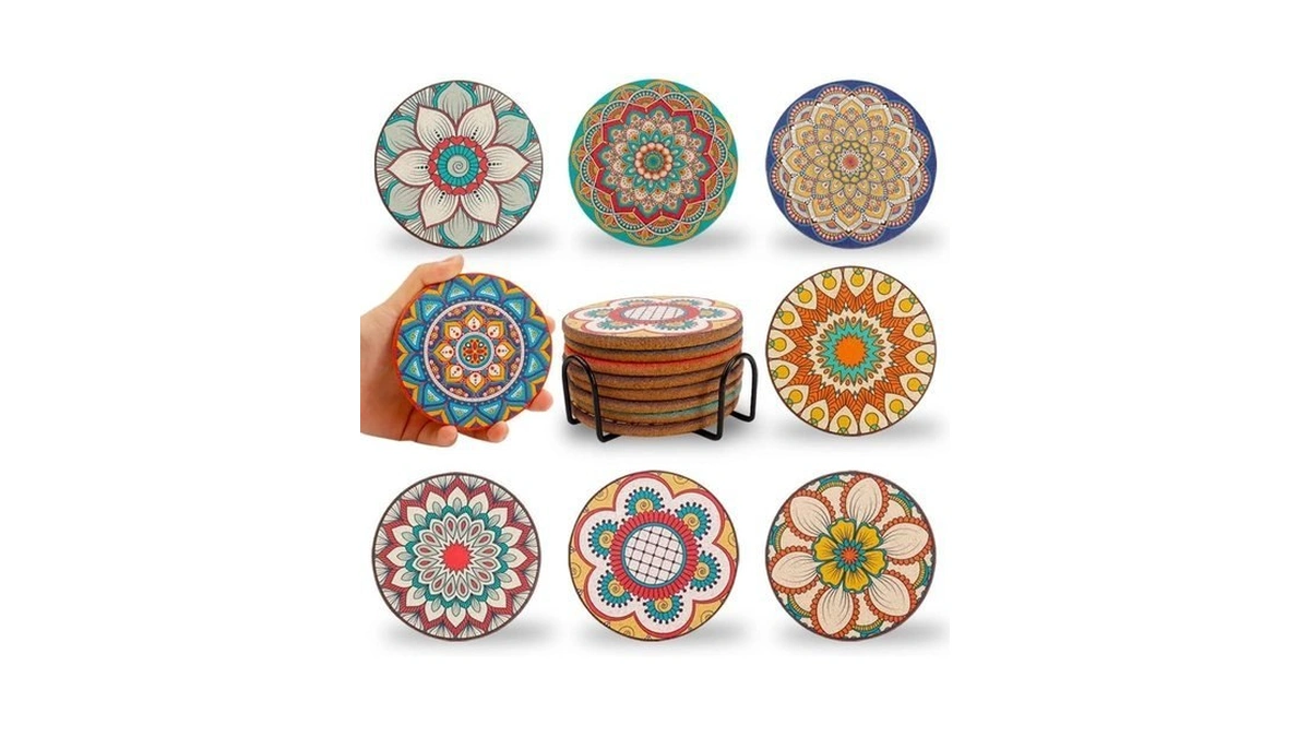 Cork Drink Coasters Set Of 8, Colorful Decorative Coaster Sets