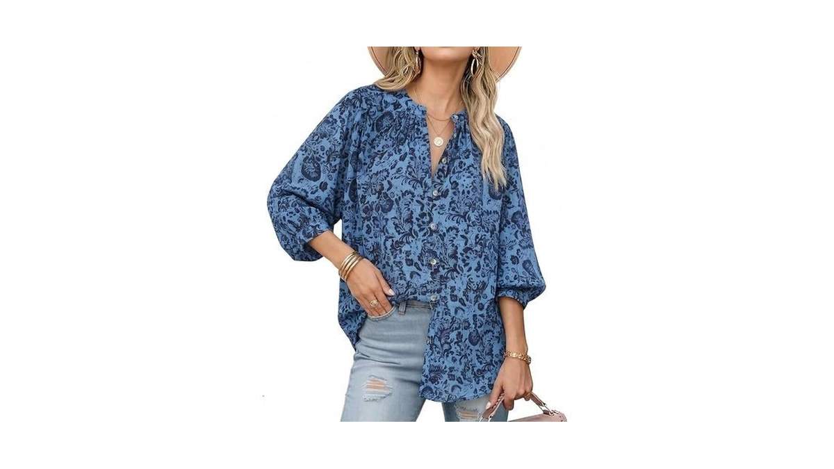 Aimcoo Button Down Floral Shirts For Women Dressy Casual 3/4