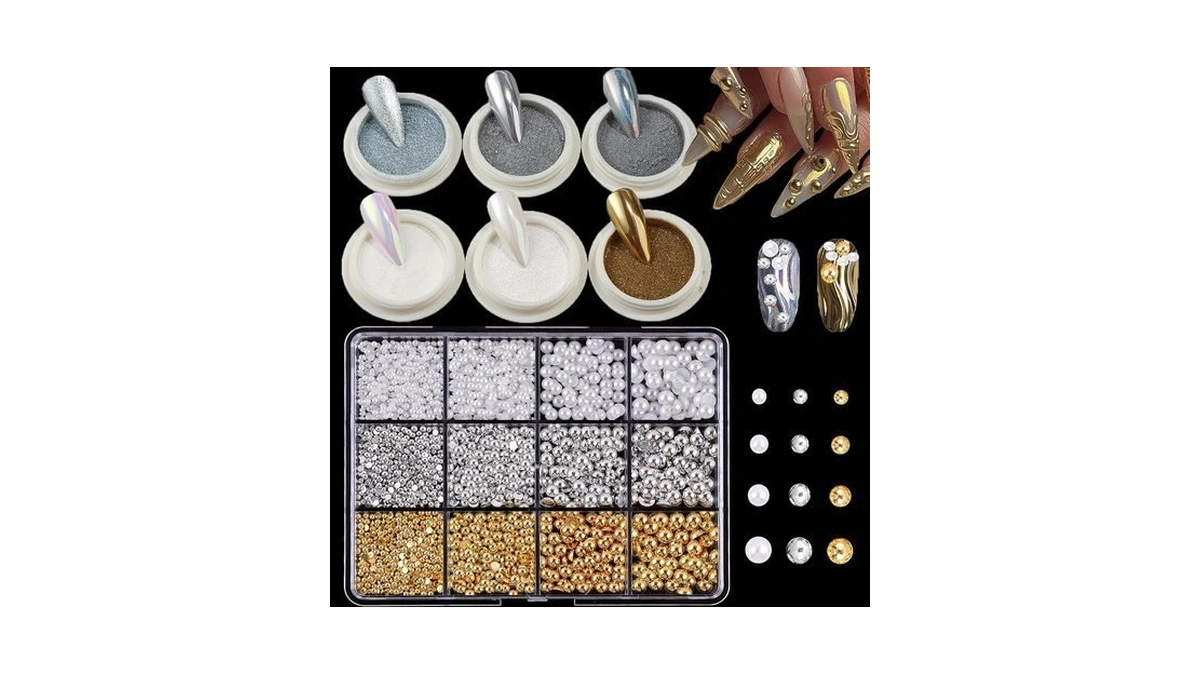 Kachimoo Chrome Nail Powder Kit With Flatback Pearl Nail Charms,silver