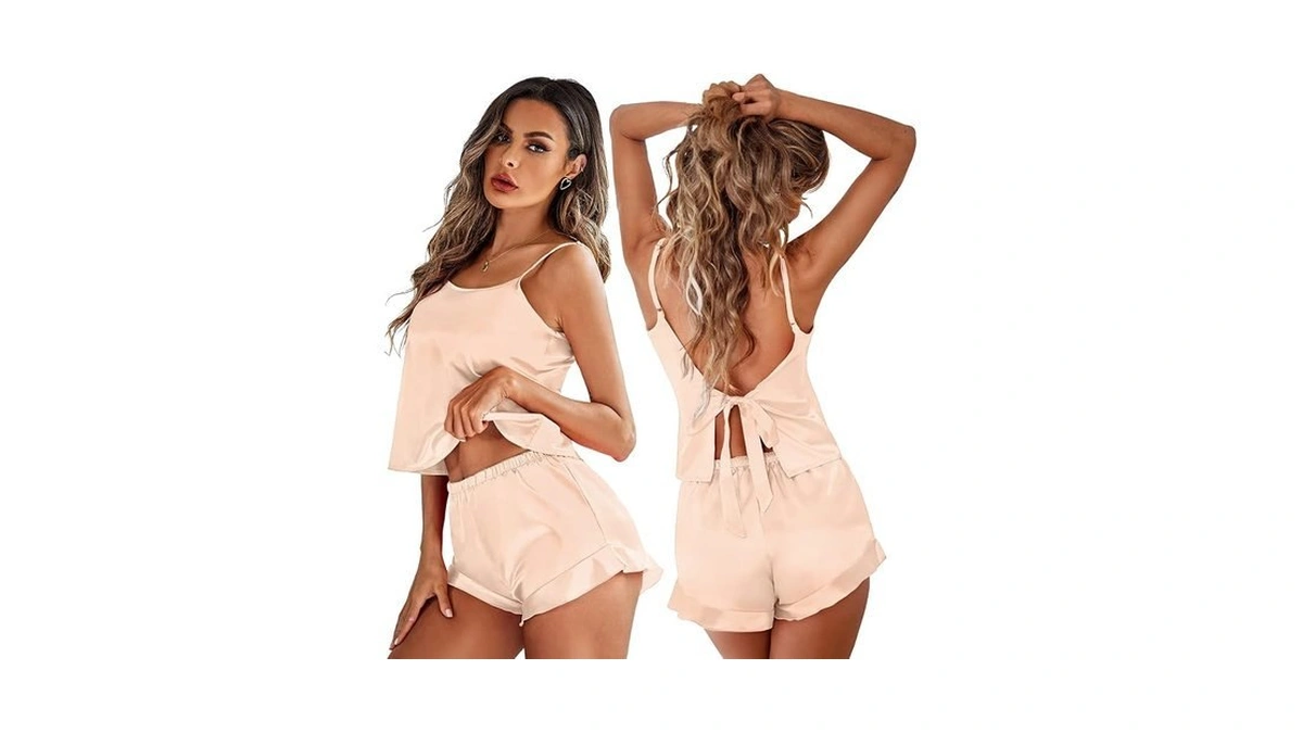 Ekouaer Satin Backless Ruffle Pajamas Silk Bow Ties Lingerie Set