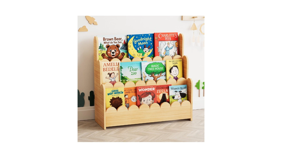 Spaceaid 3-tier Scalloped Bookshelf, Montessori Bookcase For Toddlers, Wooden Book