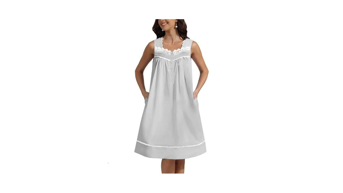 Lane Feel Pearl Snap Button 100% Cotton Nightgown For Women