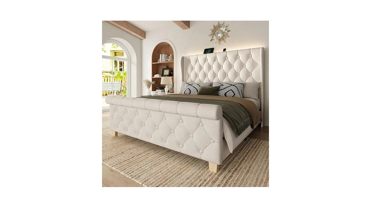 Uteeran Queen Size Bed Frame With Headboard, Velvet Upholstered Bed