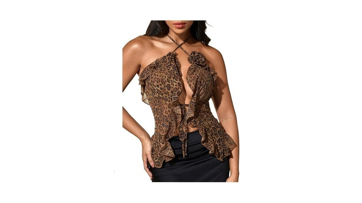 Makemechic Women's Leopard Print Ruffle Trim Halter Criss Cross Tie