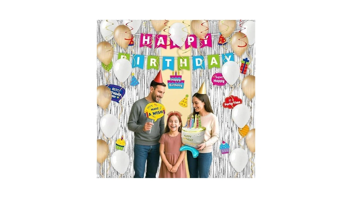 Honugogo 46-piece Birthday Party Decoration Kit – Silver Fringe Curtains,