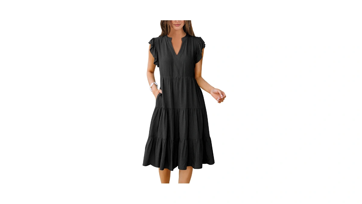 Anrabess Womens Summer Dress Ruffle Sleeve V Neck Midi Dresses
