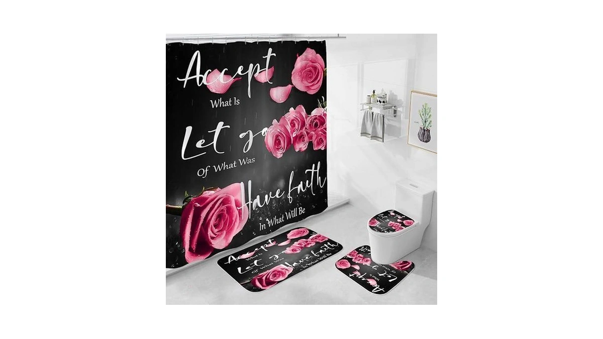 Amazon : 4 Pcs Pink Rose Shower Curtain Sets With