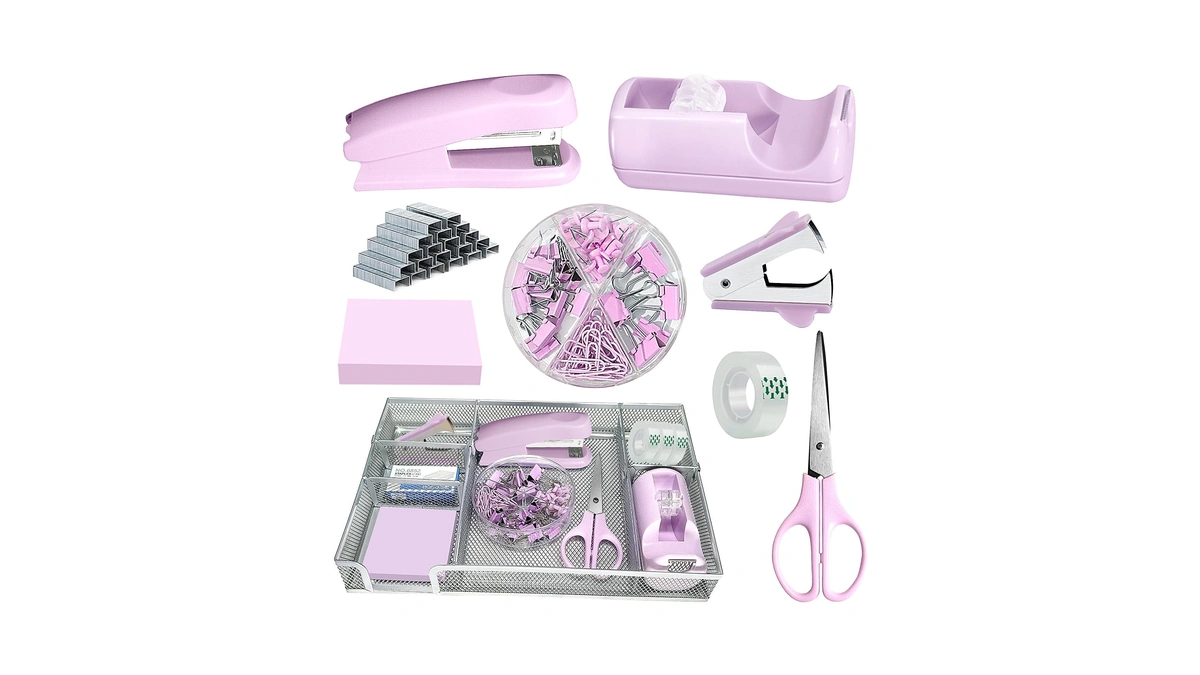 Purple Office Desk Accessories,purple Office Supplies Set,stapler And Tape Dispenser