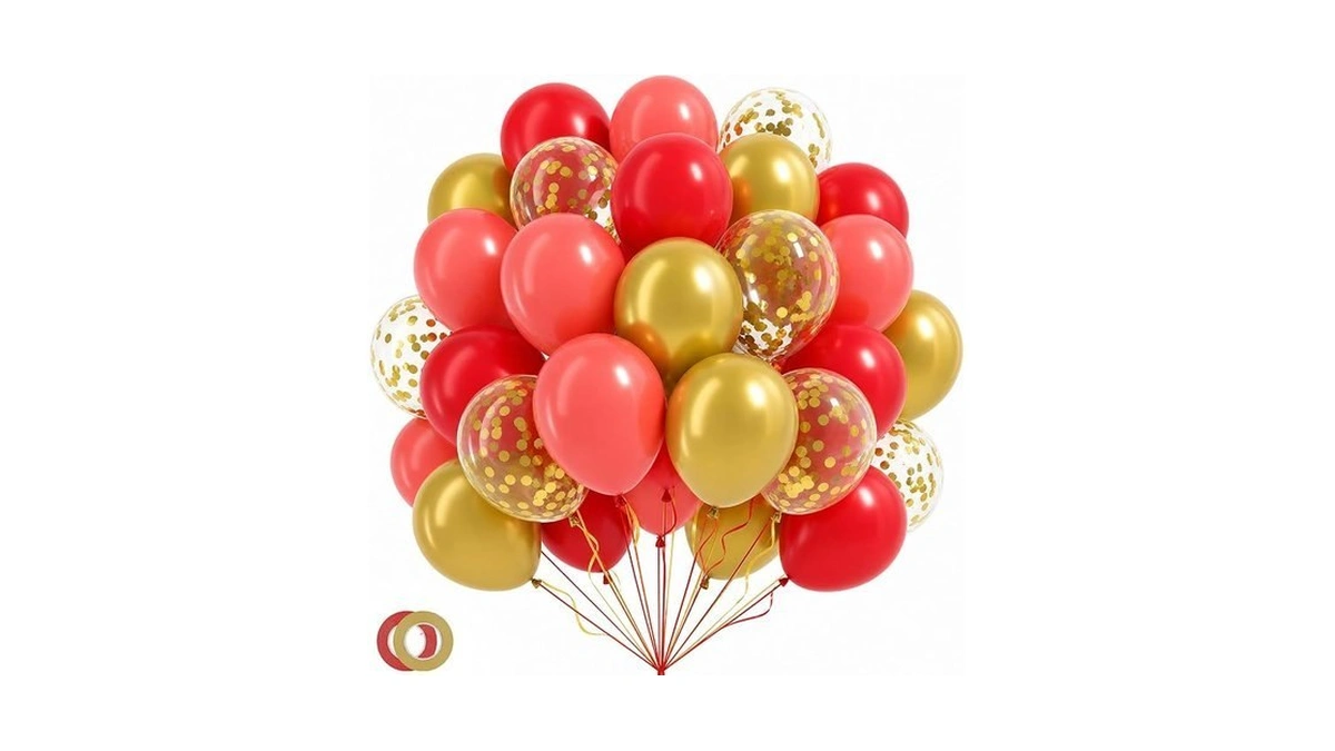 Lovestown Red And Gold Balloons With Ribbons, 60pcs, 12 Inch