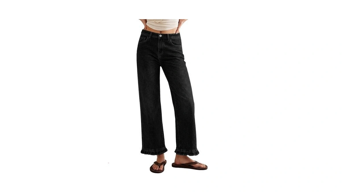 Sidefeel Womens High Waisted Jeans Stretchy Ruffle Hem Straight Leg
