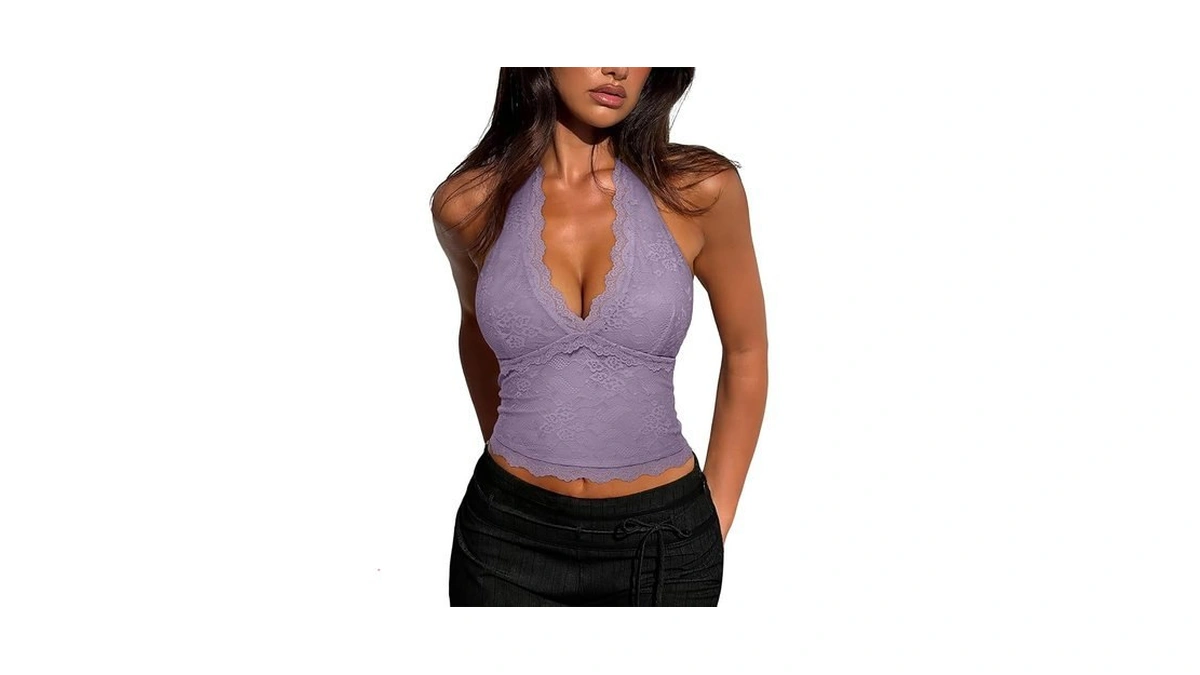 Reoria Womens Sexy V Neck Lace Halter Backless Going Out