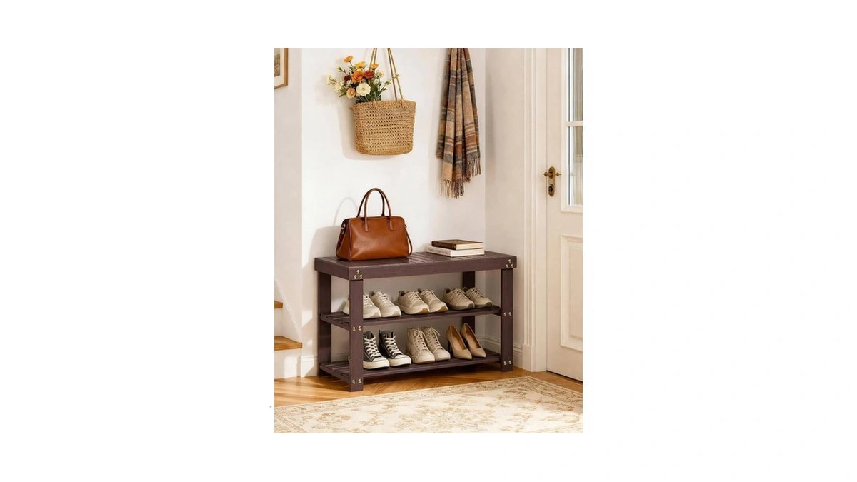 Amada Homefurnishing Bamboo Shoe Rack Bench, 3 Tier Sturdy Shoe