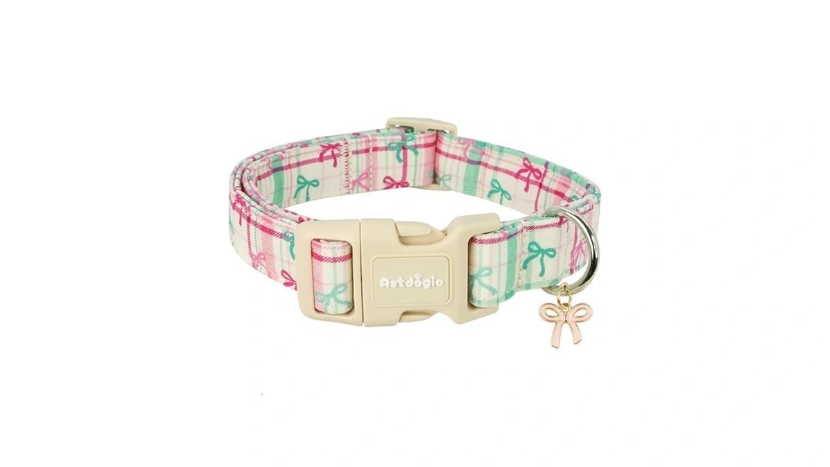 Astdogio Bow Dog Collar With Pink & Green Striped Checkered