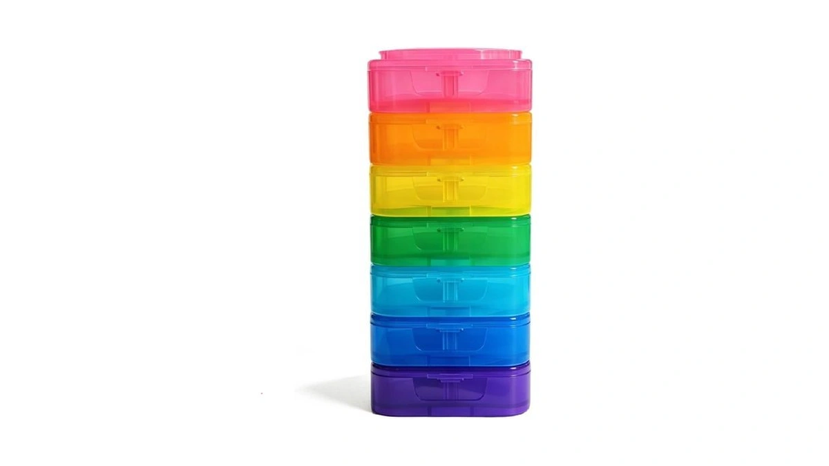 Stackable Weekly Pill Organizer With Detachable Box, Rainbow Color Coded