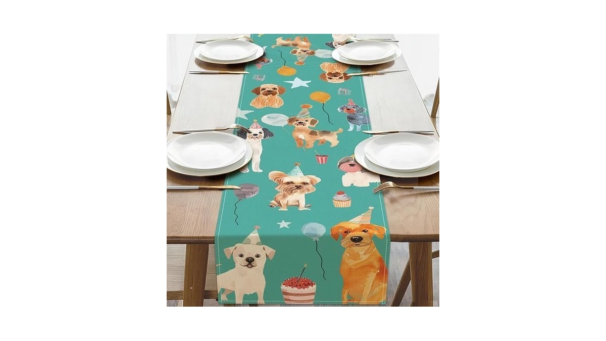 Croar Watercolor Dog Kids Happy Birthday Dining Table Runner, Green