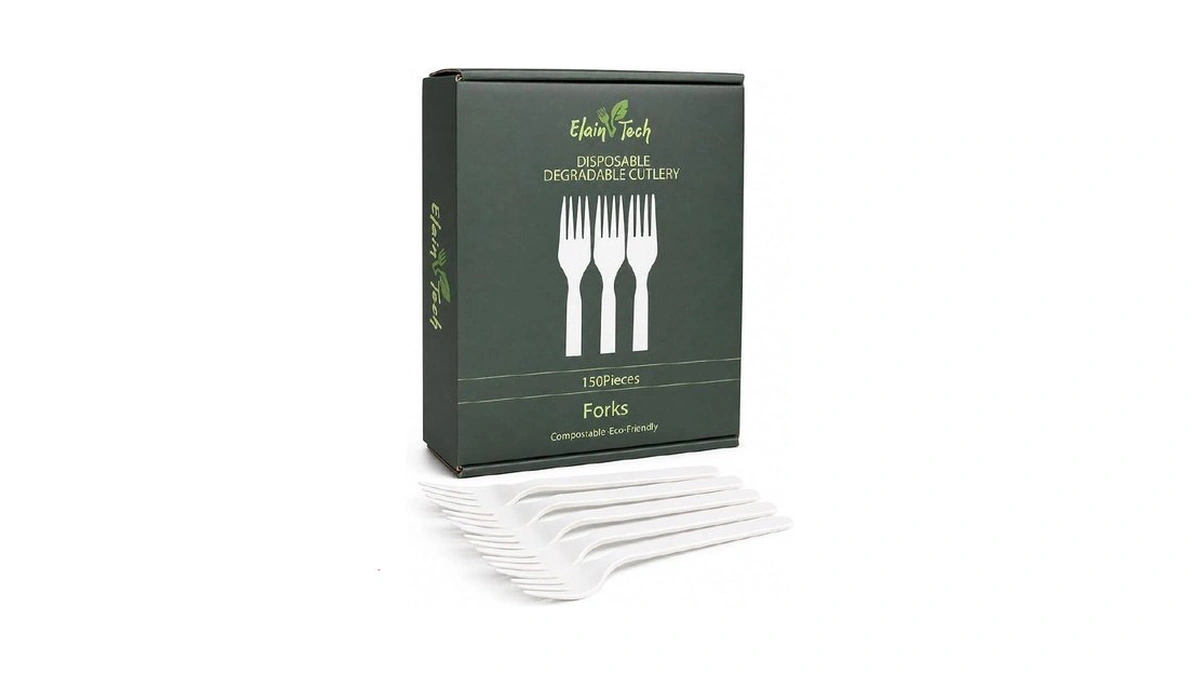 Elanivtech 100% Compostable Forks - 150 Large Disposable Utensils, 6.7