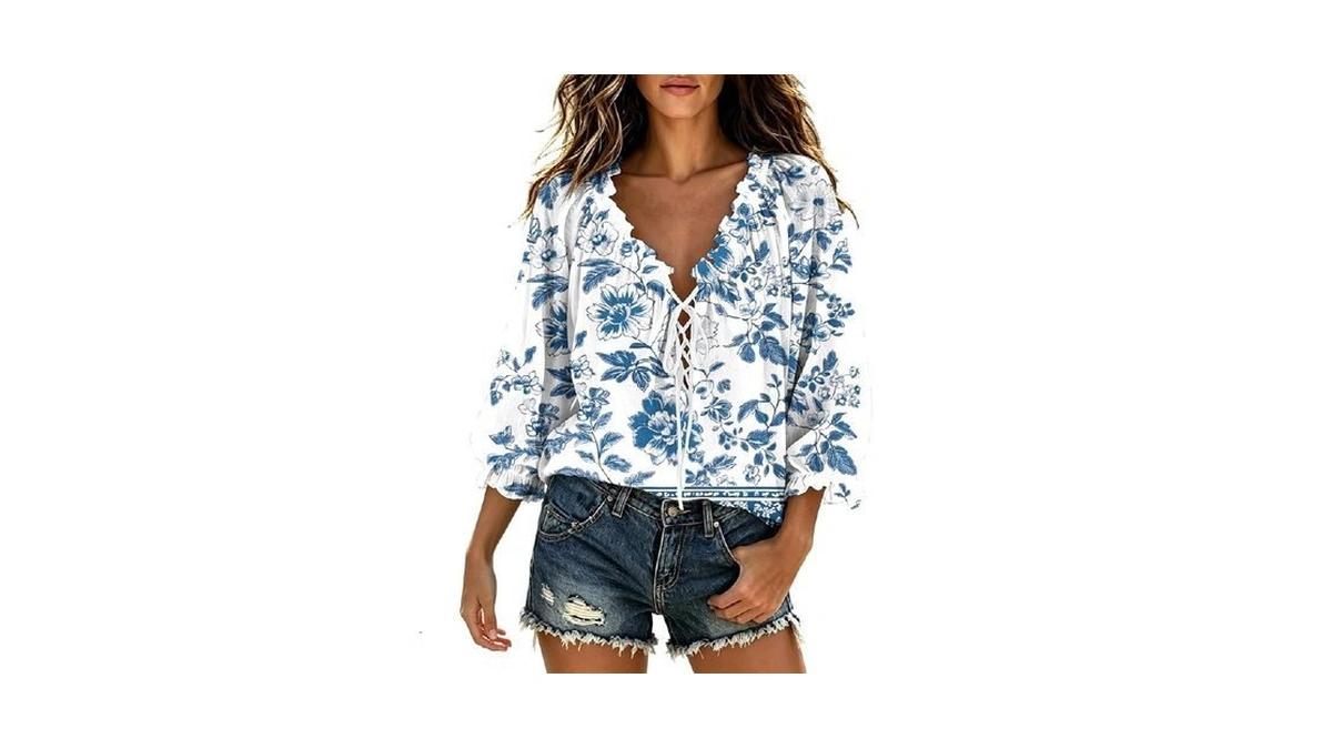 Tops For Women Trendy 2026 Floral Drawstring Neck Ruffle Sleeve
