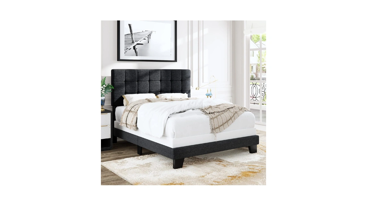 Allewie Queen Size Panel Bed Frame With Adjustable Headboard For