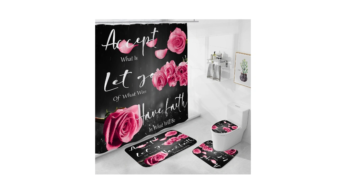 4 Pcs Pink Rose Shower Curtain Sets With Non-slip Rug,