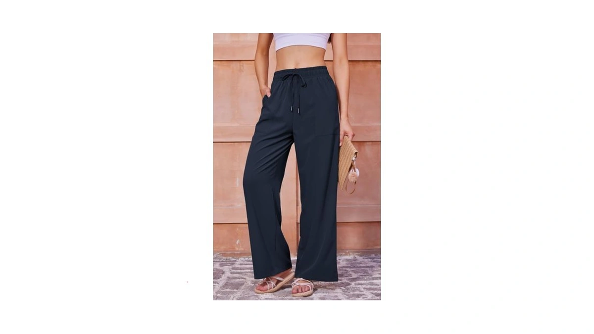Jekaoyi Womens Casual Pants Lightweight Flowy Trousers With Drawstring Navy