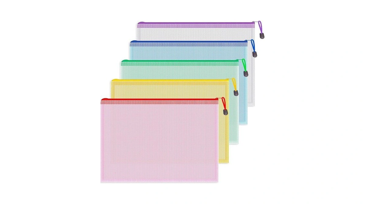 Koogel 5pcs Mesh Zipper Pouch Bags, A4 Zipper File Bags