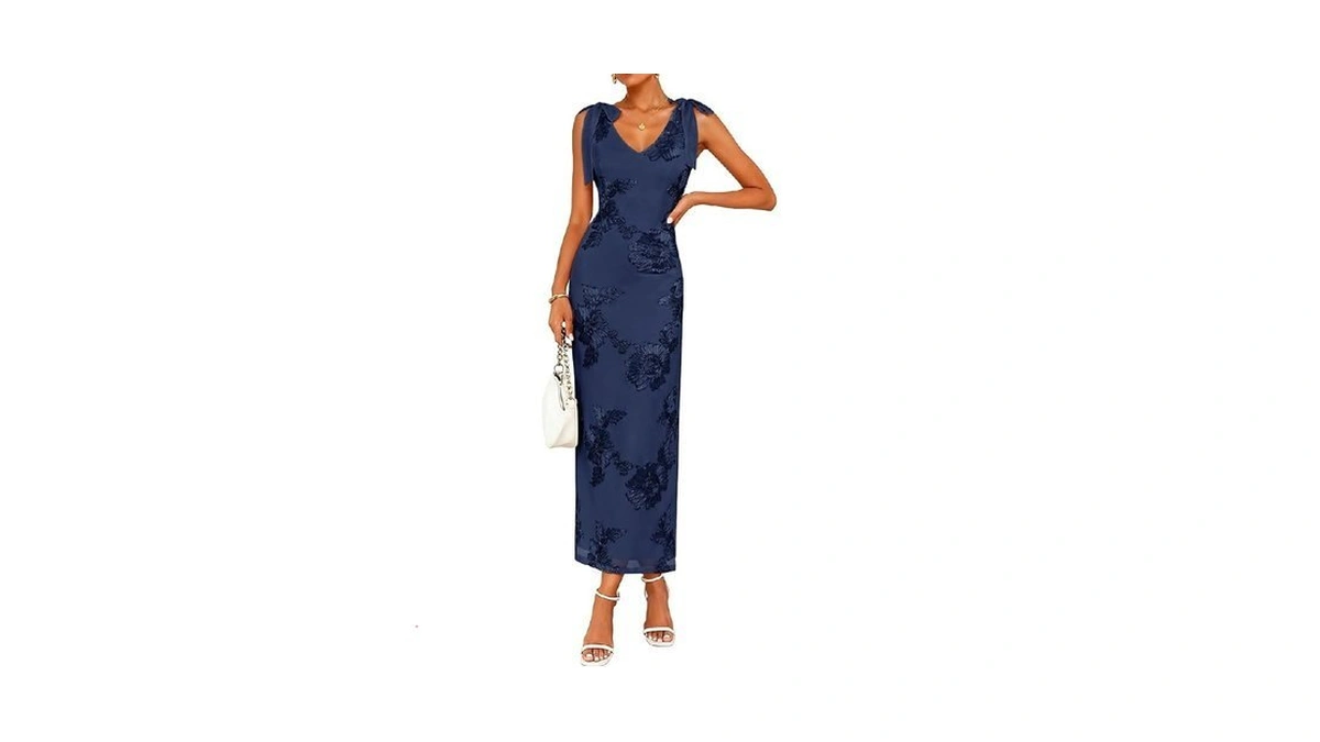 Lazysmile Womens Floral Embroidered Maxi Dress Sleeveless V Neck Tie