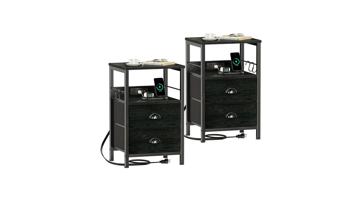 Furologee Nightstand Set Of 2, Black Oak, With Charging Station