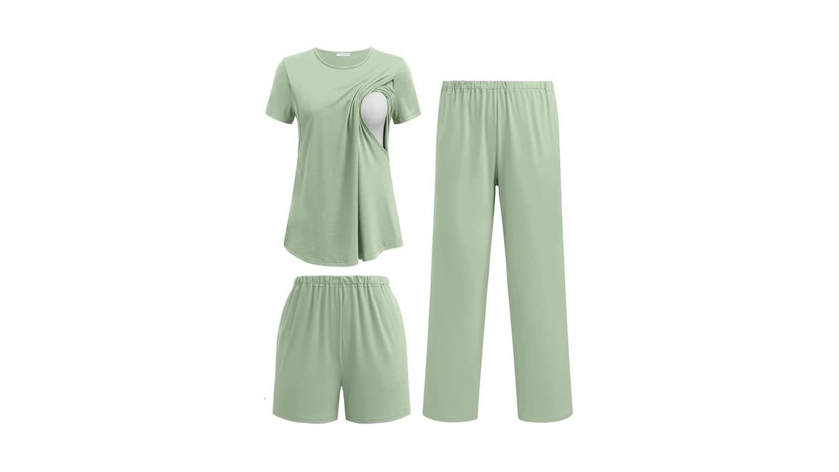 Ekouaer 3 Piece Maternity Pajamas Set Postpartum Nursing Short Sleeve