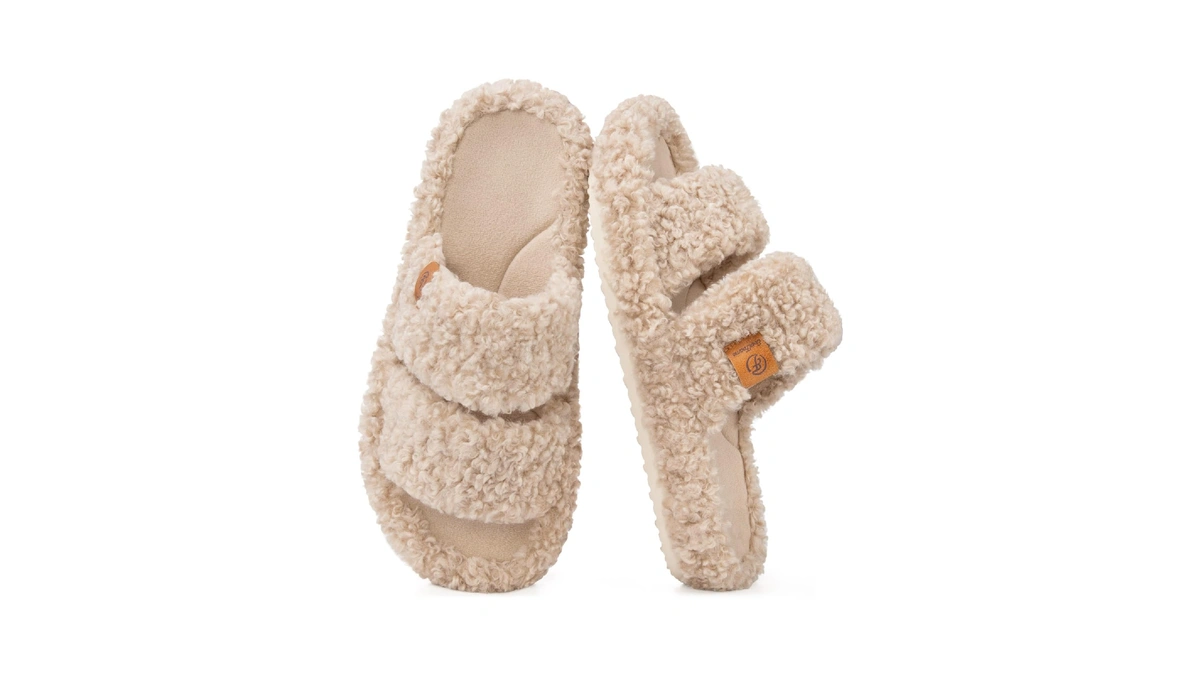 Everfoams Womens Fuzzy Open-toe Slippers Indoor Vintage Khaki, 7-8 Us