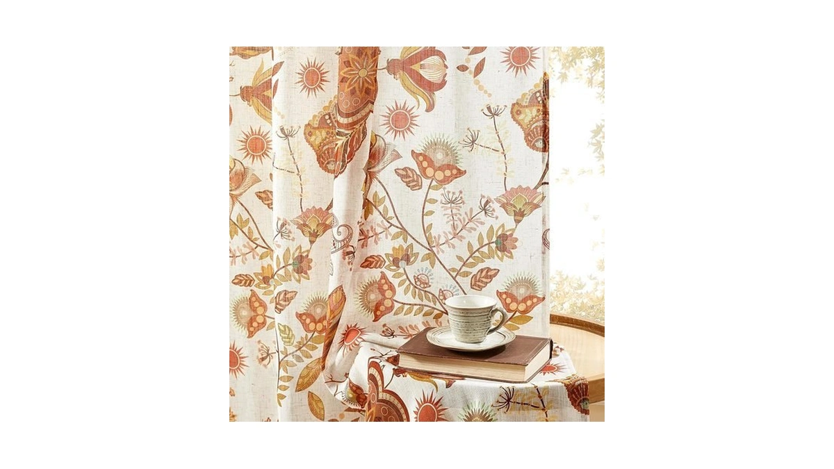 Terracotta Floral Linen Curtains For Living Room Dining 96 Inches