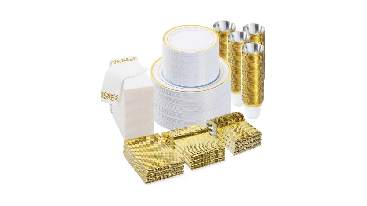 Bestvip 700 Pcs Gold Dinnerware Set For 100 Guests, Plastic