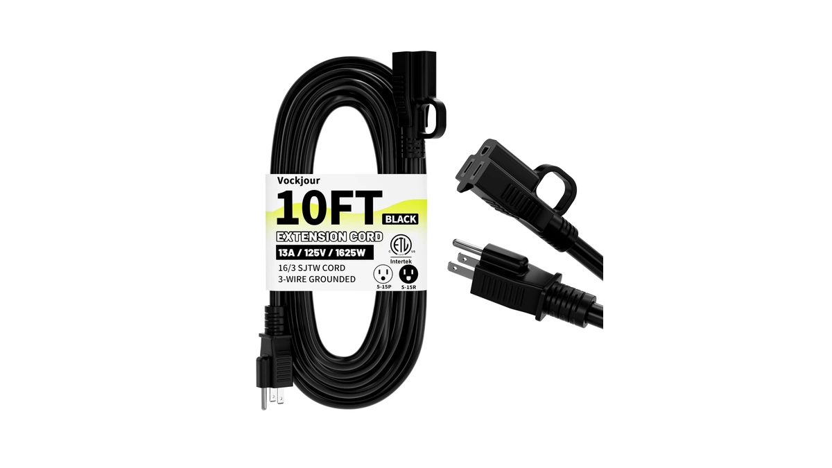 16/3 Black Indoor Outdoor Extension Cord 10 Ft Waterproof, Extension
